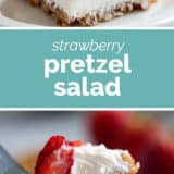 Strawberry Pretzel Salad collage with text bar in the middle.