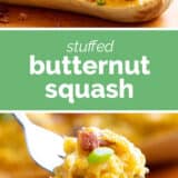 Stuffed Butternut Squash collage with text bar in the middle.