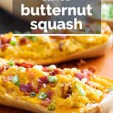 Stuffed Butternut Squash with text overlay.