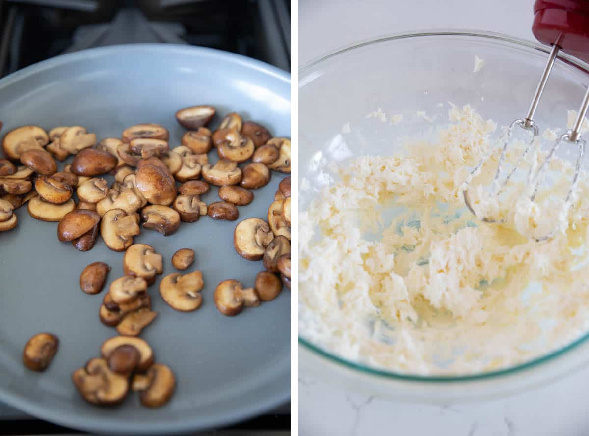 Cooking mushrooms and making filling for chicken crescent rolls.