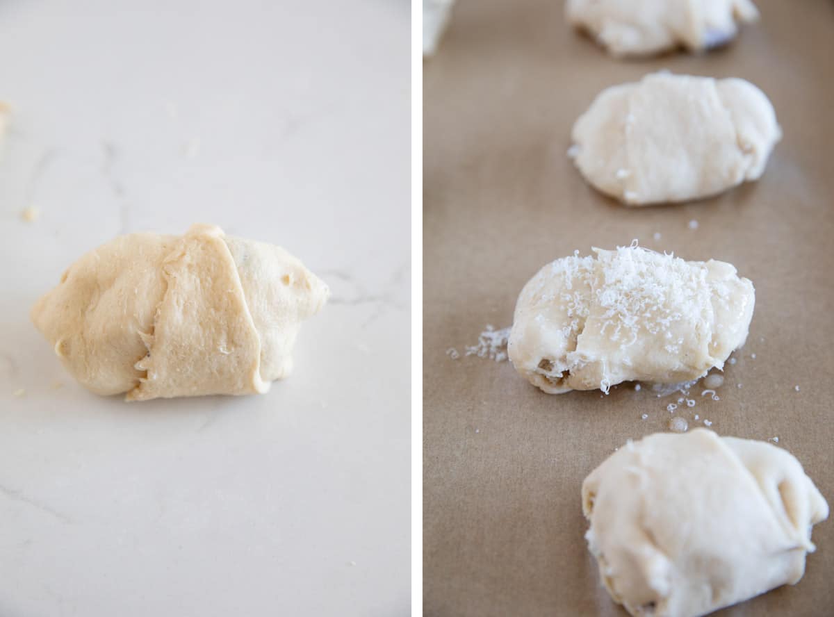 Rolling crescent dough and topping with butter and parmesan.