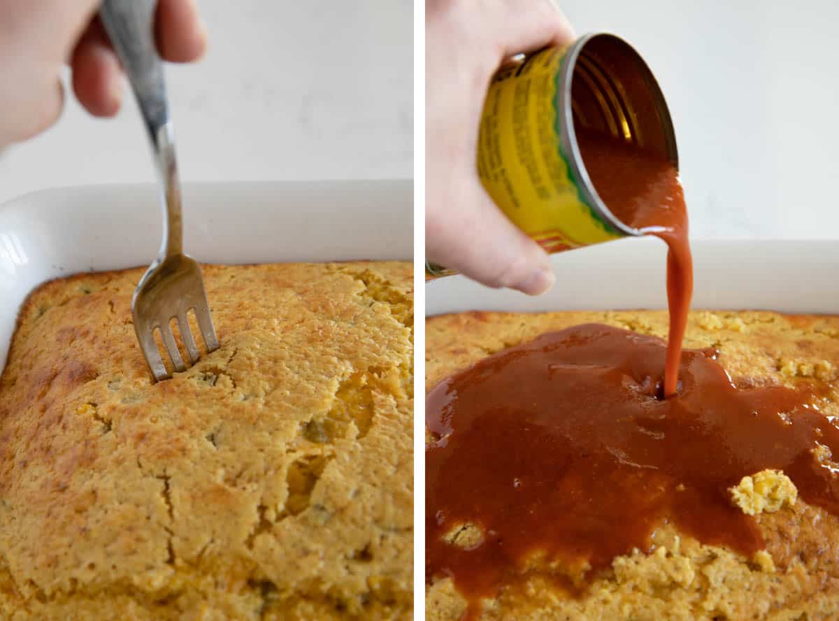 Poking holes and adding enchilada sauce to chicken tamale casserole.