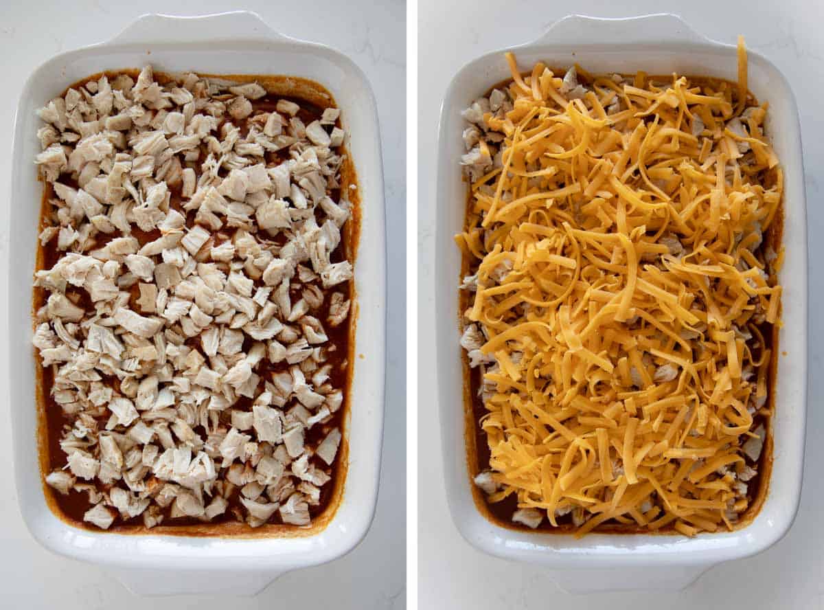 Casserole topped with enchilada sauce, chicken, and cheese.