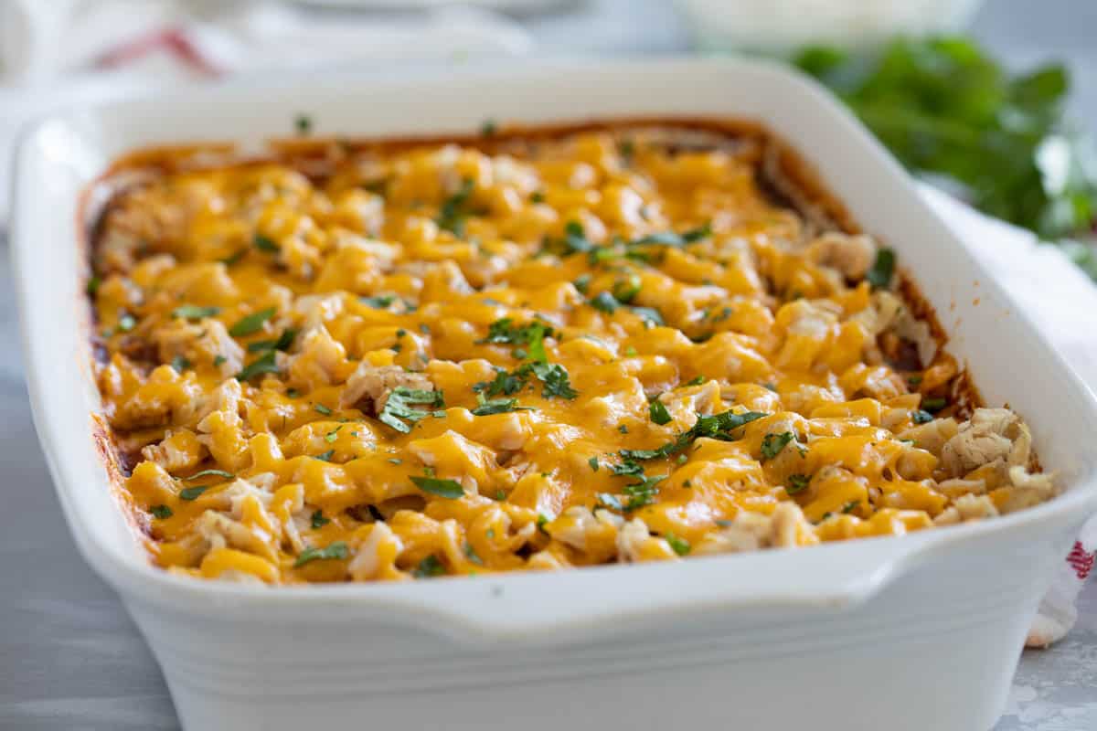 Chicken Tamale Casserole in a casserole dish.