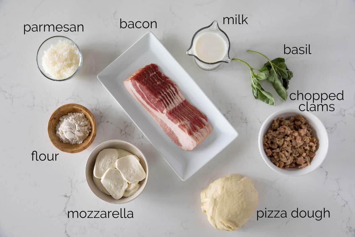 Ingredients for clam pizza with bacon.