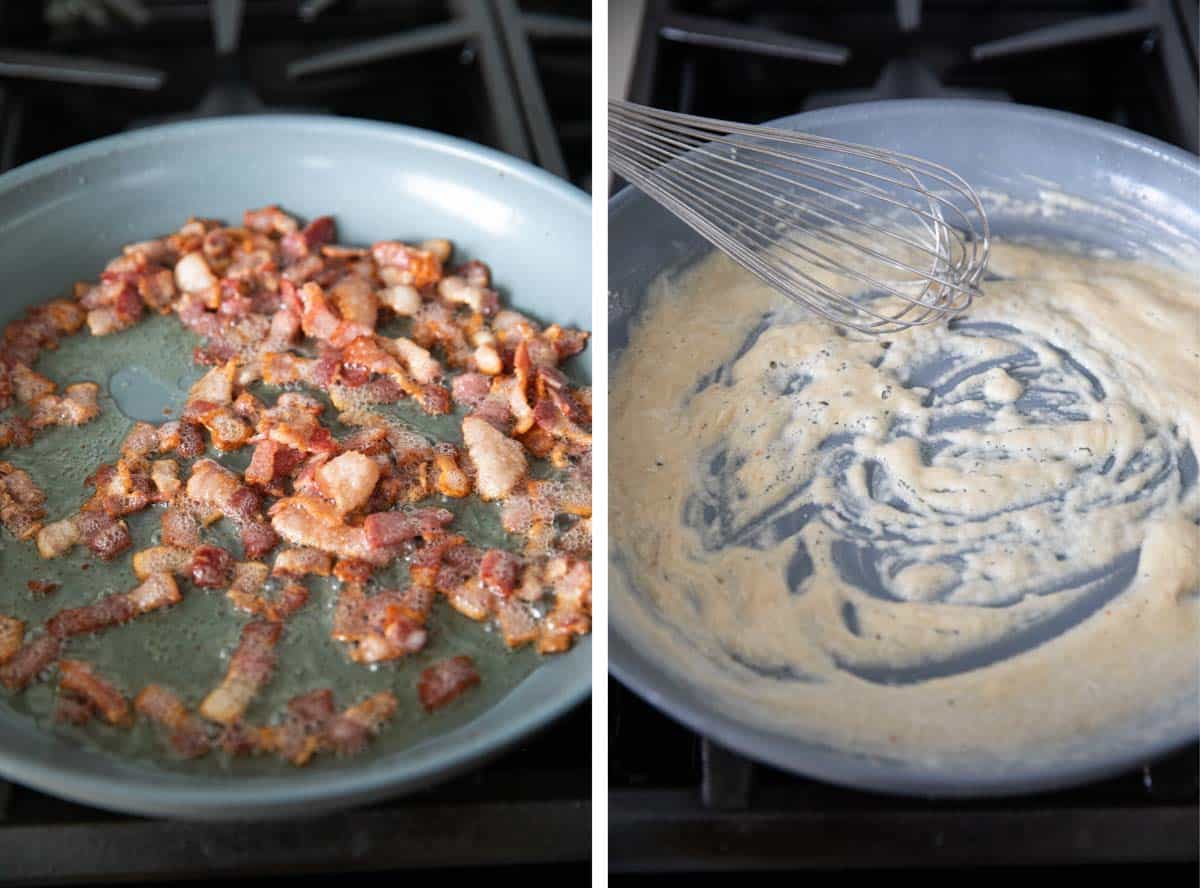 Frying bacon and the start of alfredo sauce.