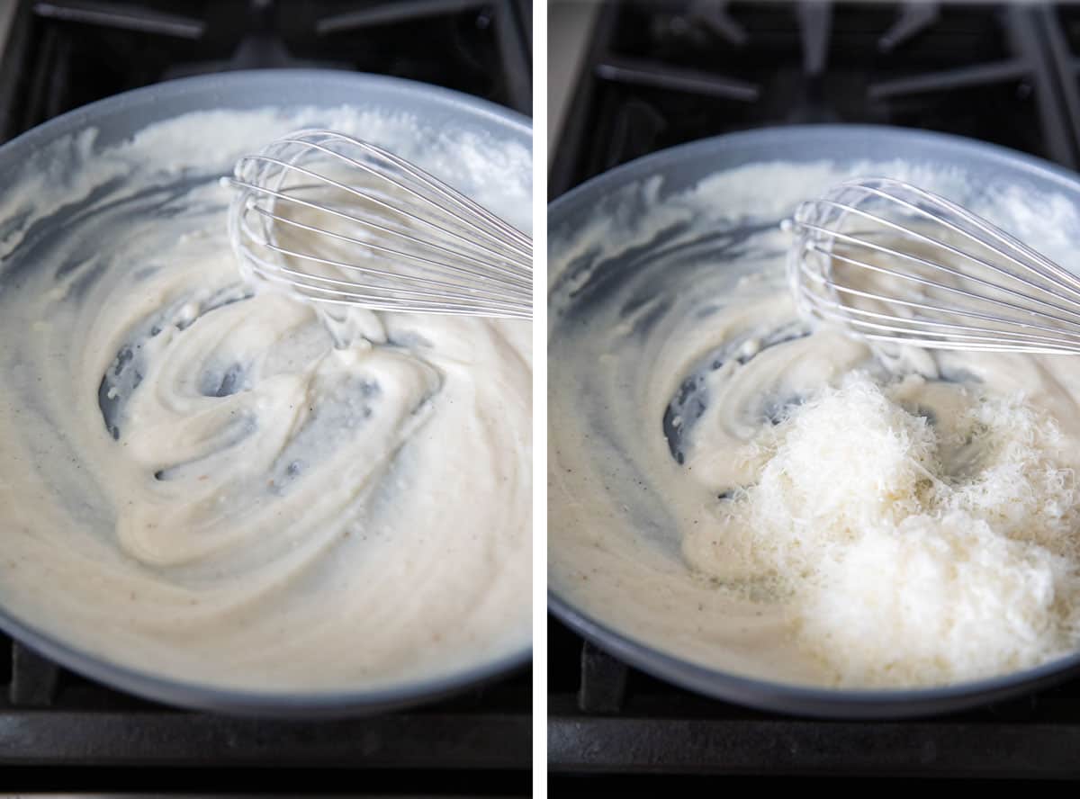 Making an alfredo sauce for pizza.