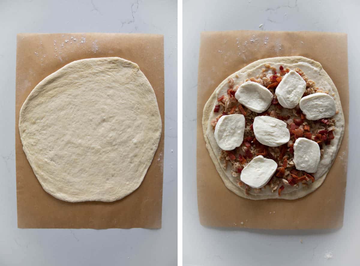 Topping pizza dough with alfredo sauce, clams, bacon, and mozzarella.