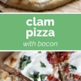 Clam pizza with bacon collage with text bar in the middle.