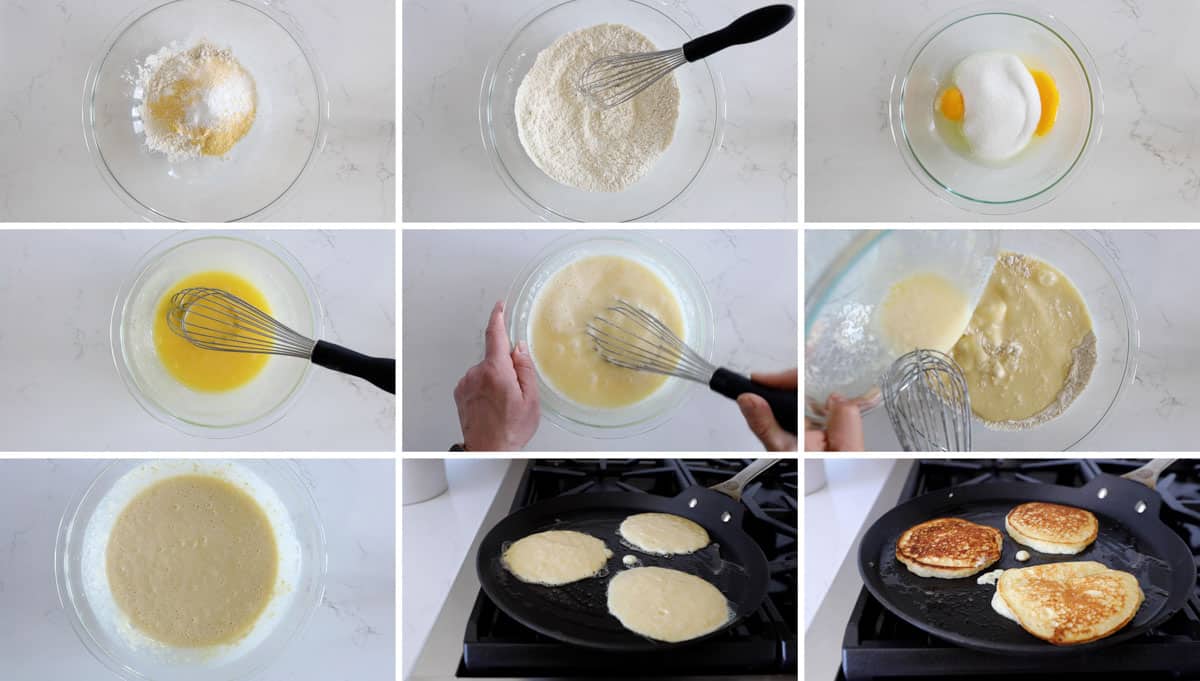 Steps to make cornmeal pancakes.