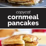 Cornmeal Pancakes collage with text bar in the middle.