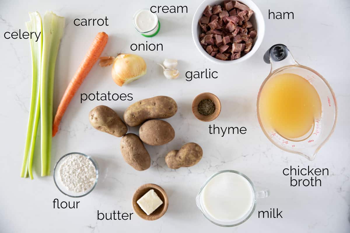 Ingredients needed for ham and potato soup.