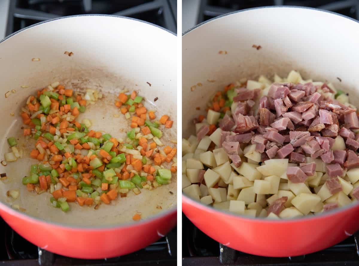 Cooking vegetables and adding ham and potatoes for ham and potato soup.