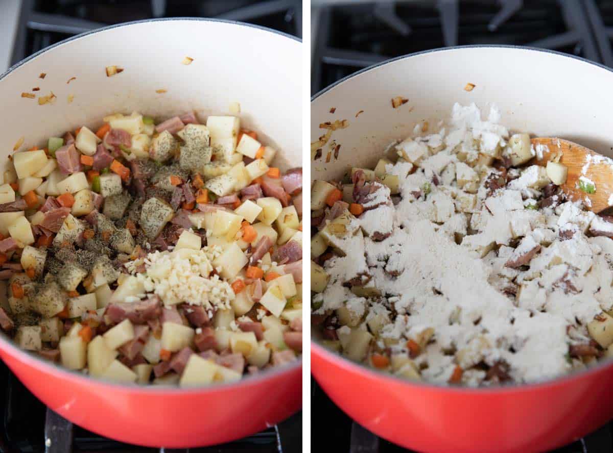 Cooking ingredients for ham and potato soup and then adding flour.