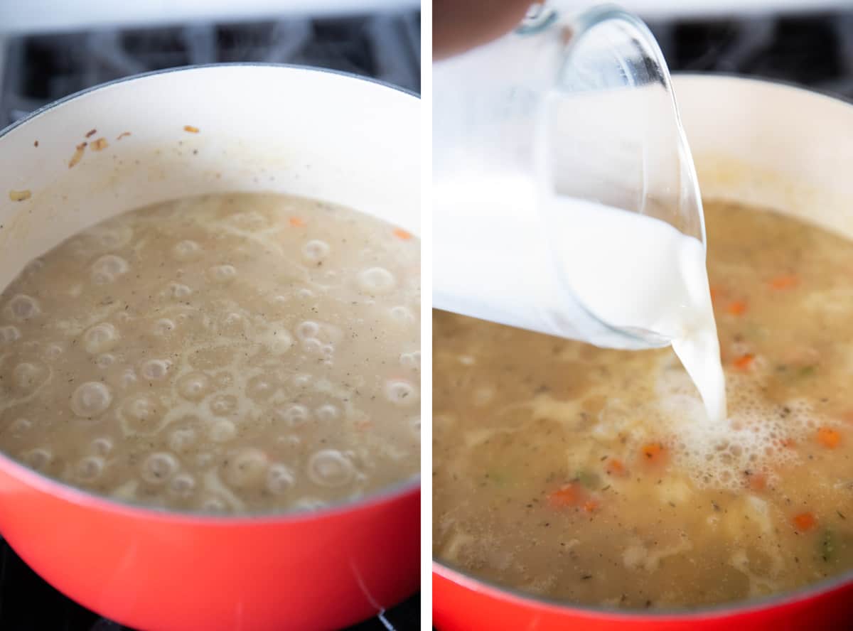 Soup in a pot boiling and pouring milk into soup.