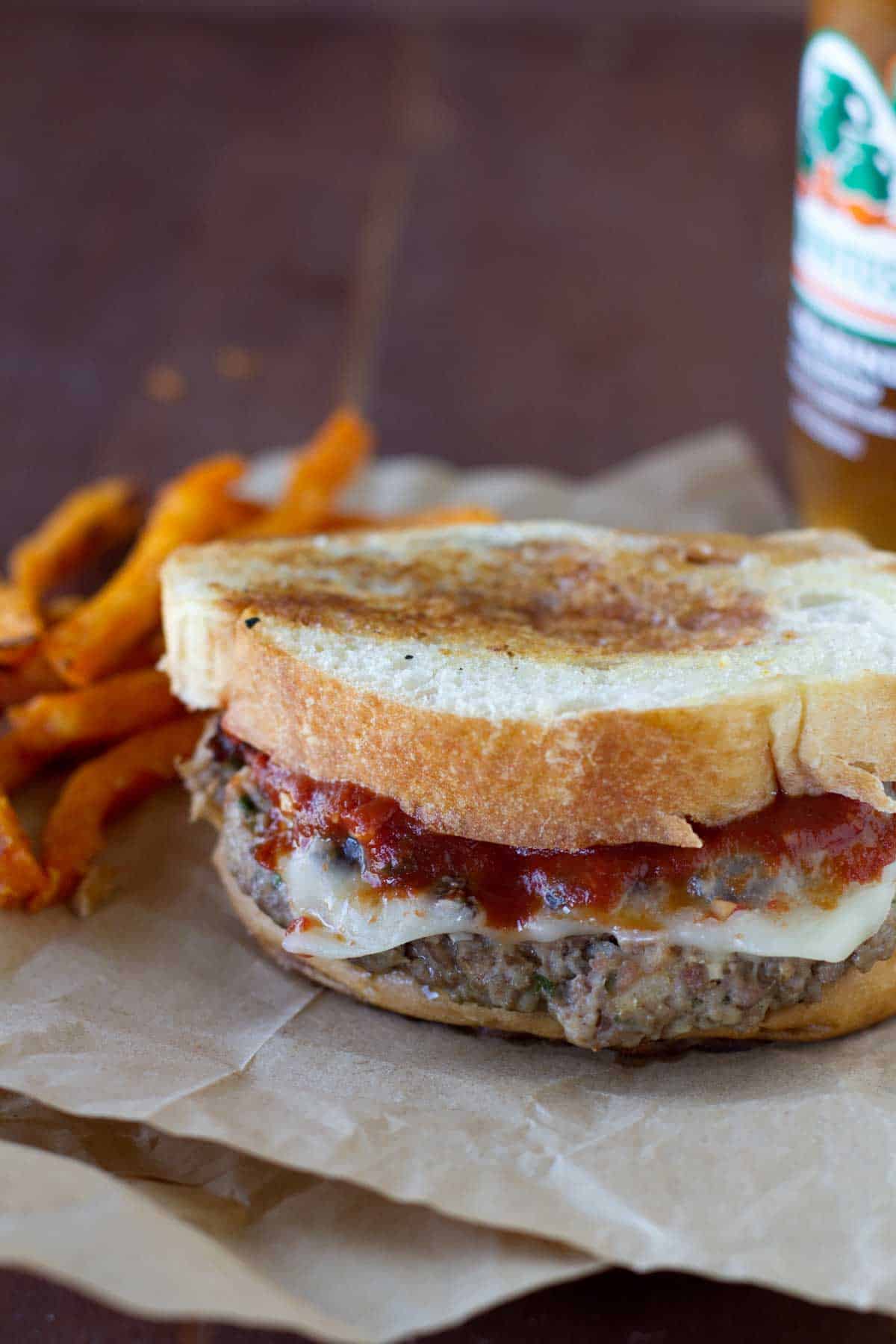 Italian Burger topped with cheese and a balsamic marinara ketchup.