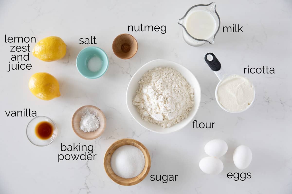 Ingredients needed for lemon ricotta pancakes.