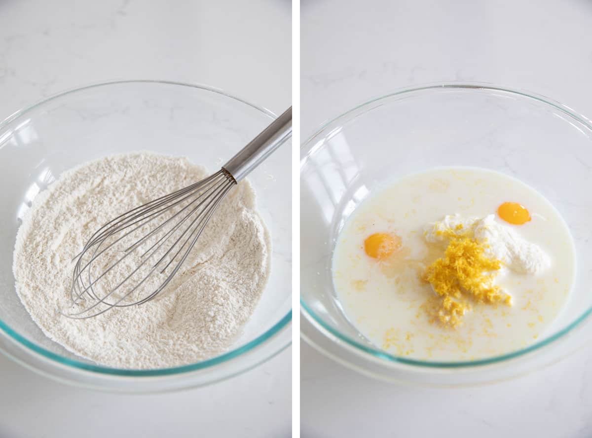 Mixing the dry ingredients and the wet ingredients for lemon ricotta pancakes.