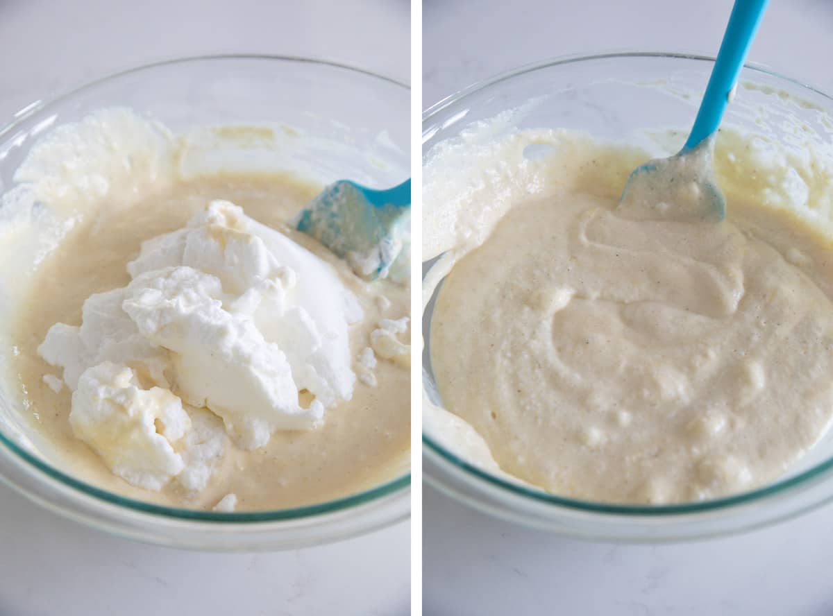 Mixing whipped egg whites into lemon ricotta pancake batter.