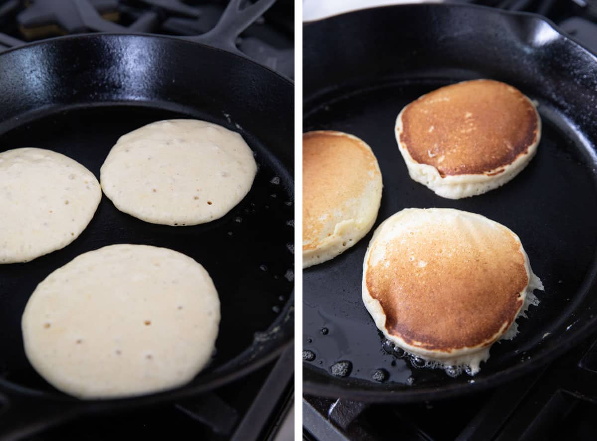 Cooking pancakes in a cast iron skillet.