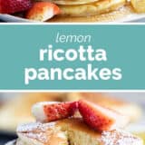 Lemon Ricotta Pancakes collage with text bar in the middle.