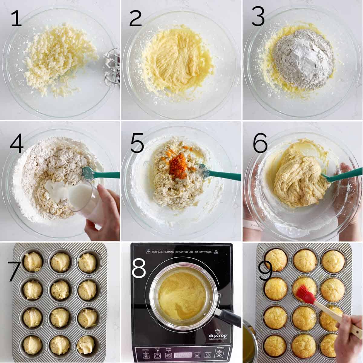 Steps to make orange muffins.