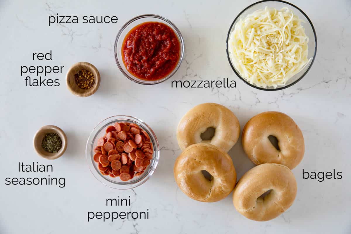 Ingredients to make pizza bagels.