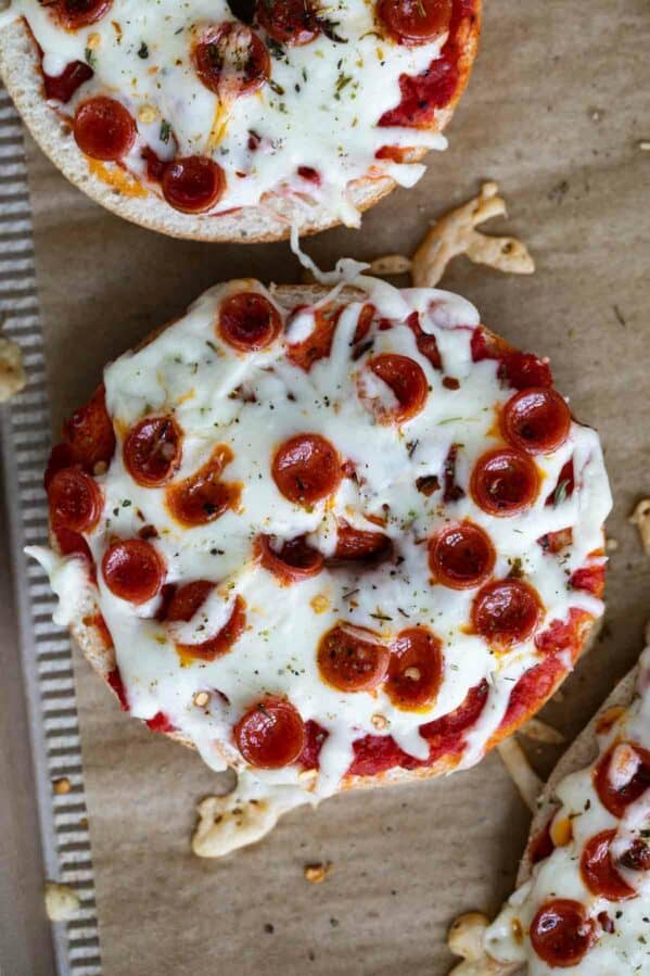 Pizza bagels with mini pepperoni.