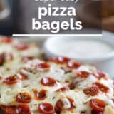 Pizza bagels with text overlay.