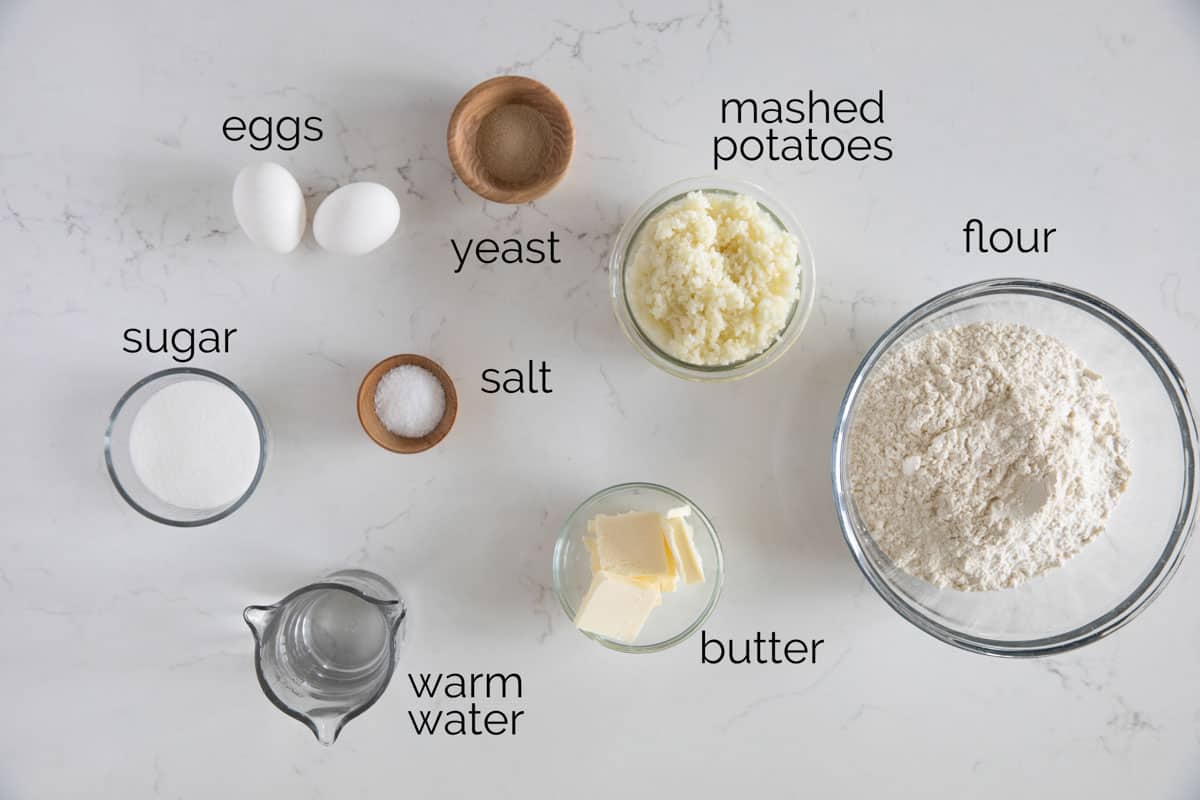 Ingredients needed to make potato rolls.
