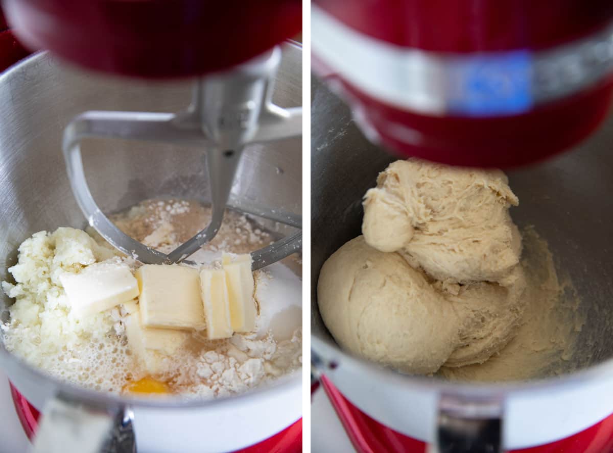 Making potato roll dough in a stand mixer.