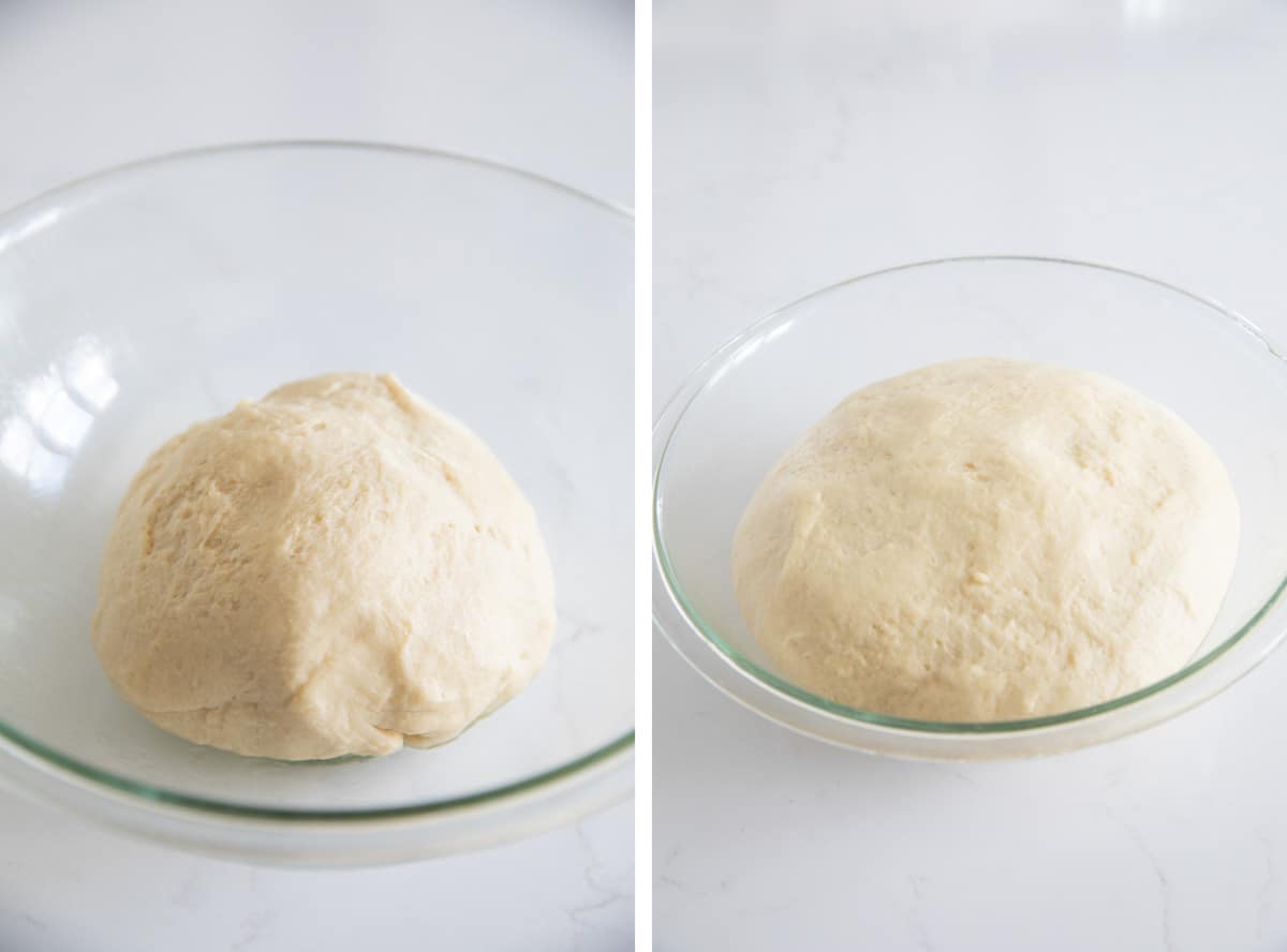 Potato roll dough rising in a bowl.