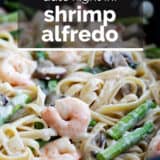 Shrimp Alfredo with text overlay.