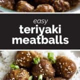 Teriyaki Meatballs collage with text bar in the middle.