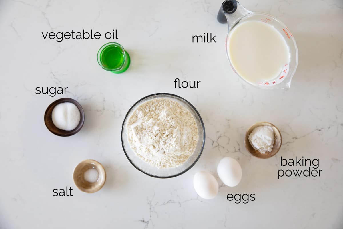 Ingredients to make waffles from scratch.