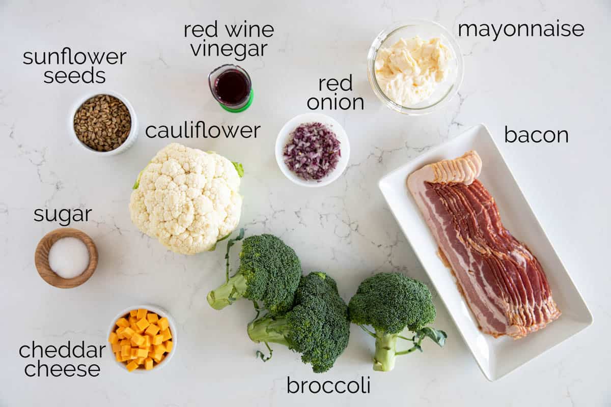 Ingredients needed for broccoli cauliflower salad.