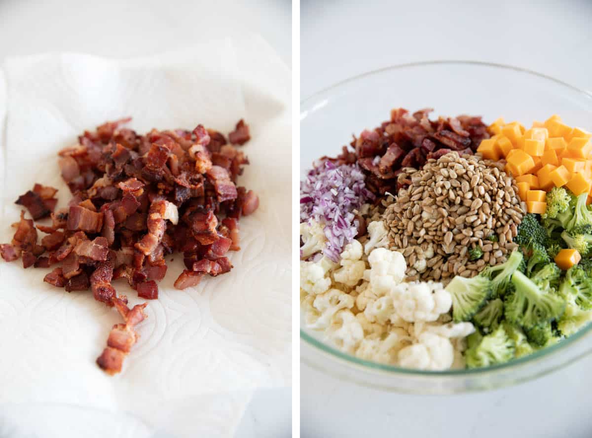 Making the bacon and mixing ingredients for broccoli cauliflower salad.