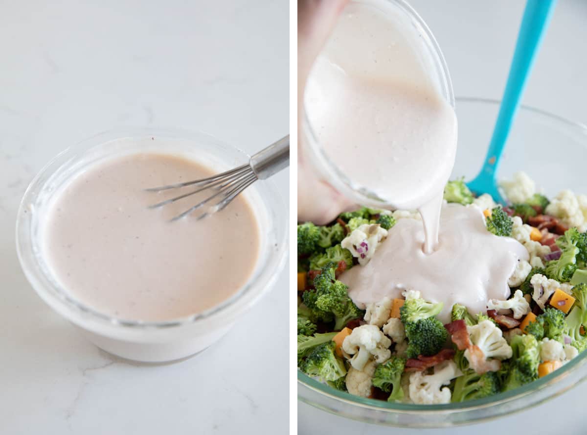 Making the dressing for broccoli cauliflower salad and adding it to the salad.