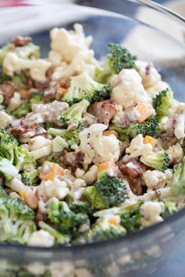 Broccoli Cauliflower Salad in a glass bowl.