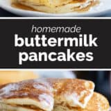 Buttermilk pancakes collage with text bar in the middle.