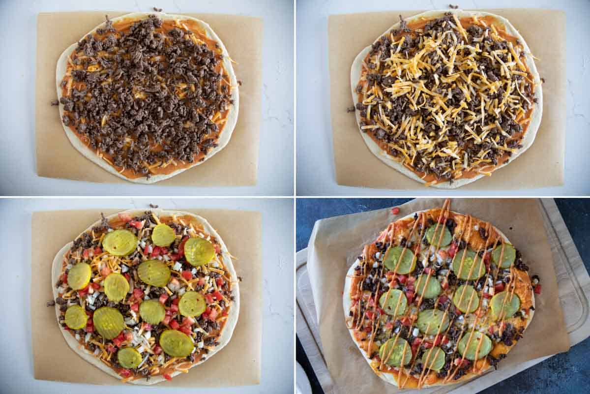 Looking for the ultimate mashup of two classic favorites? Try this Cheeseburger Pizza! This mouthwatering pizza combines all the delicious elements of a cheeseburger, including seasoned ground beef, melted cheese, an easy burger sauce, and tangy pickles, on a perfect pizza crust. Get ready for a taste explosion! Assembling a cheeseburger pizza.