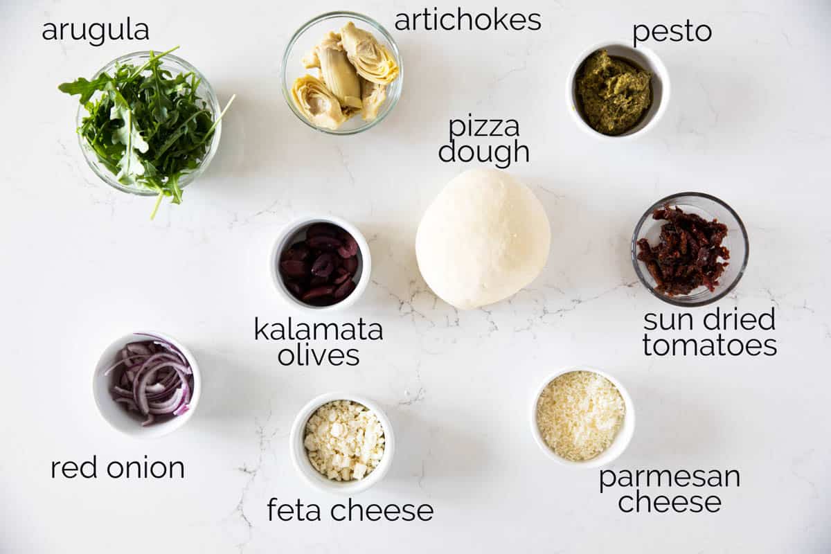 Ingredients needed for Mediterranean Pizza.