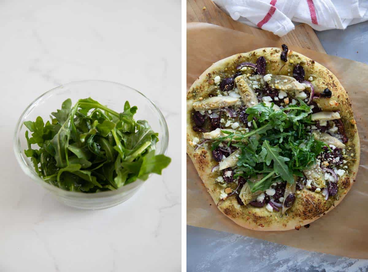 Preparing arugula to top pizza, and full pizza topped with arugula.