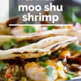 Moo Shu Shrimp with text overlay.