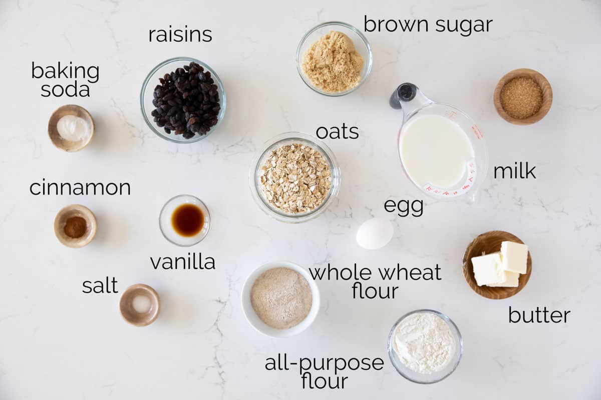 Ingredients to make Oatmeal Raisin Muffins.