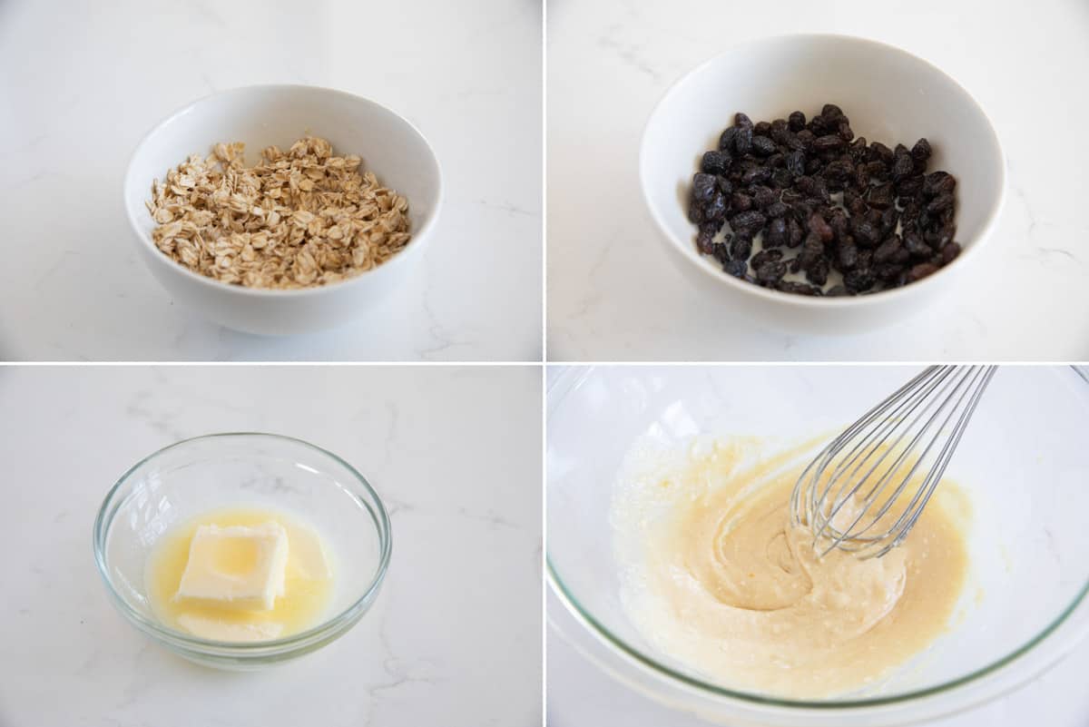 Prepping ingredients for oatmeal raisin muffins.