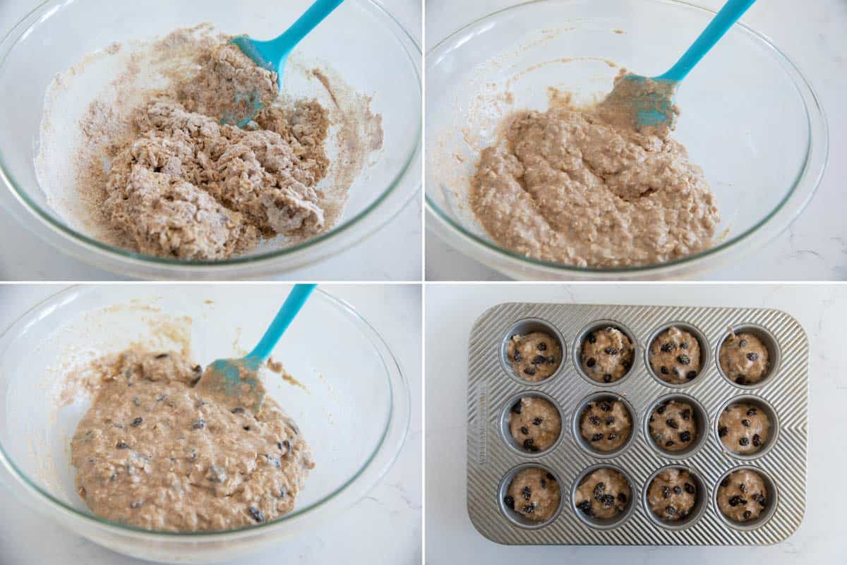 Combining ingredients to make oatmeal raisin muffins.