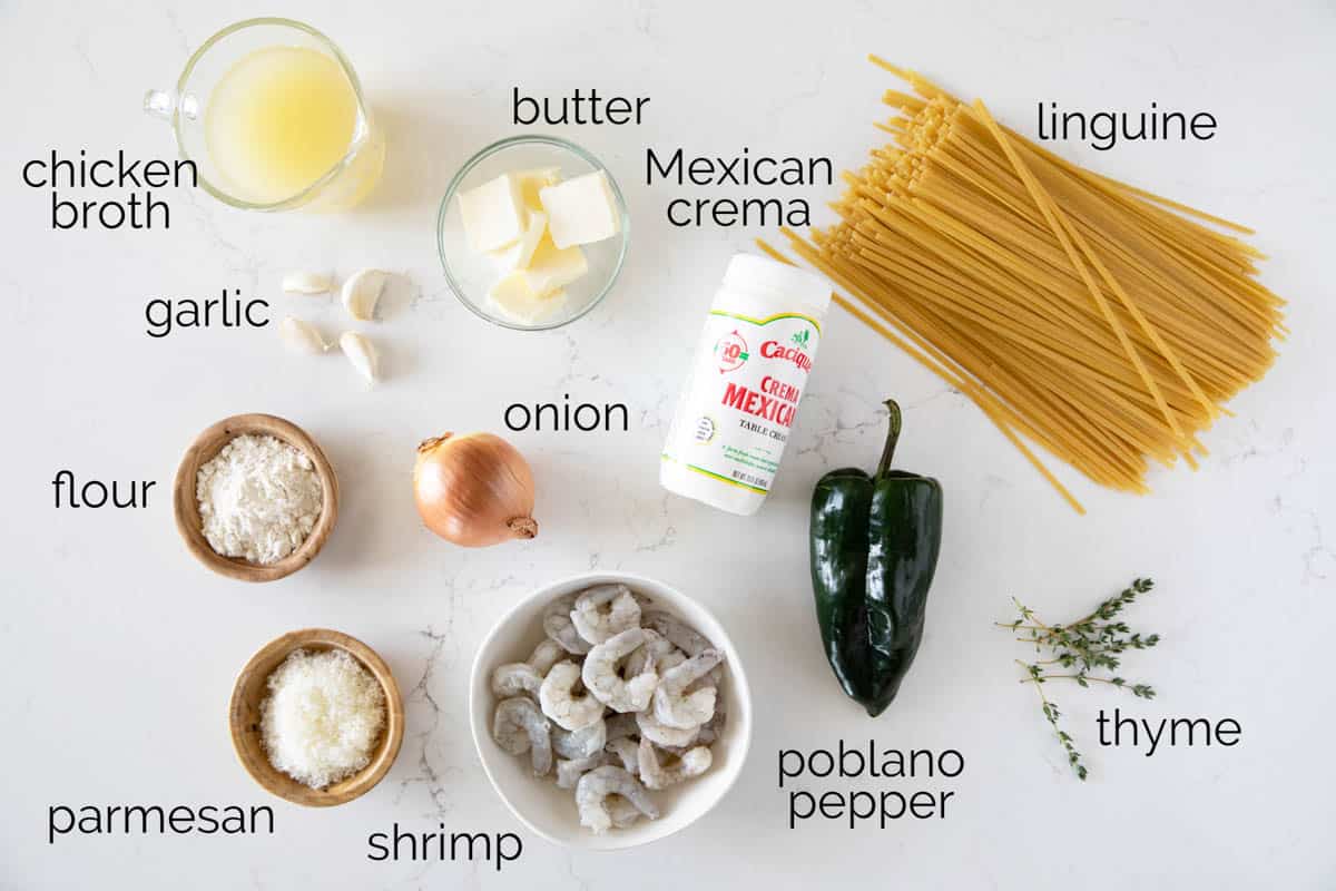 Ingredients to make shrimp pasta with poblano cream sauce.