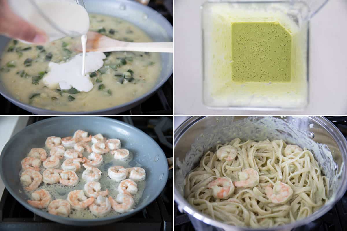 Steps to make shrimp pasta with poblano cream sauce.