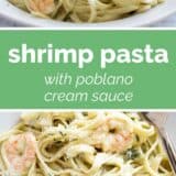 Shrimp Pasta with Poblano Cream Sauce collage with text bar in the middle.